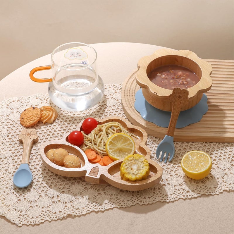 MingHoYo Bamboo Suction Plates Bowls Set for Baby Toddler - Includes Bamboo Bowl, Divided Plate, Silicone Fork & Spoon, All-Natural Baby Feeding Set for Baby-Led Weaning - Image 2